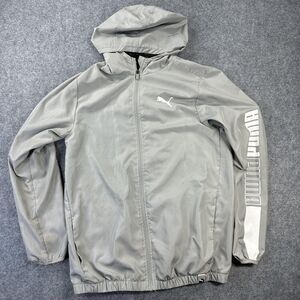 Puma Jacket Womens XL Gray Hooded Full Zip Windbreaker Logo Sleeve